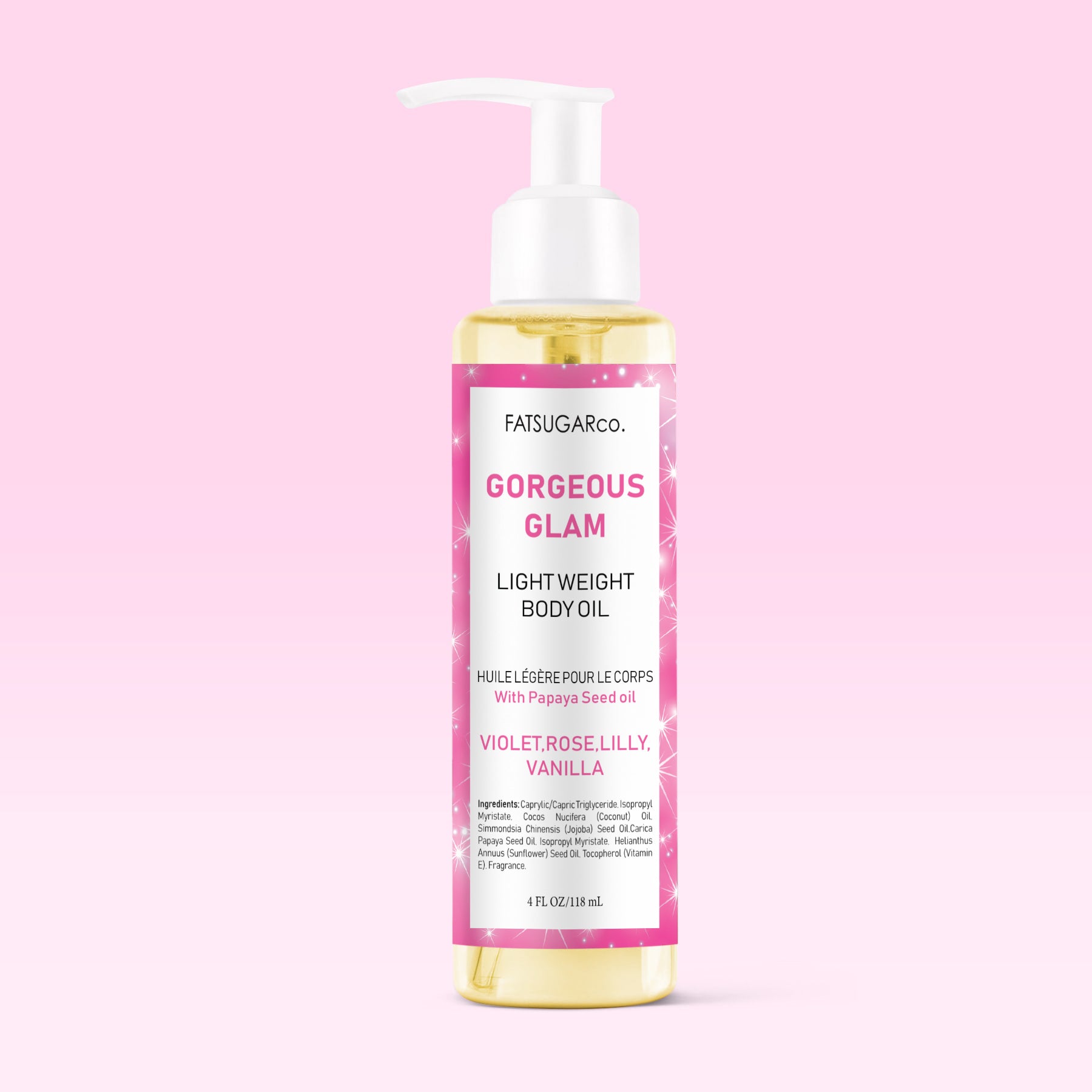 FATSUGARCo. Gorgeous Glam body oil bottle on a pink background